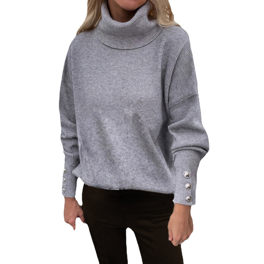 Damen Rollkragenpullover mit gestreiftem Design und dekorativen Knöpfen WW