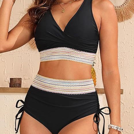 Damen Hochgeschnittener Bikini mit eleganter Wickeloptik und dekorativem Bund WW