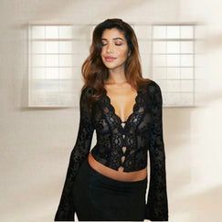 Damen Spitzenbluse mit Leopardmuster und romantischen Rüschen WW