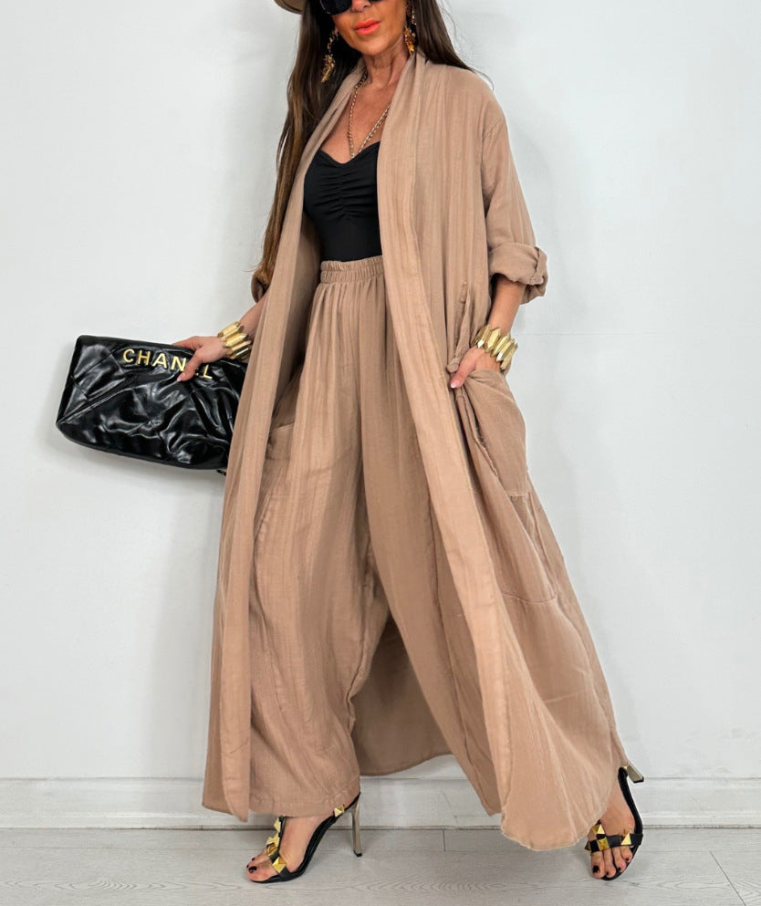 Damen luftiger Kimono mit weiten Hosen und Taschen WW