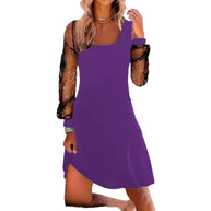 Damen asymmetrisches Kleid mit transparenten Puffärmeln und schimmernden Akzenten WW