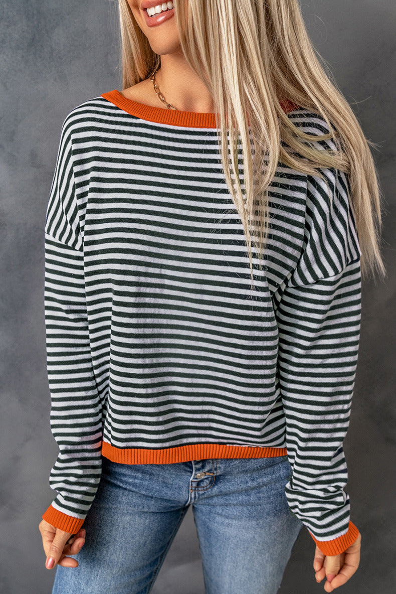 WW Kontrast gestreifter Drop-Shoulder-Pullover