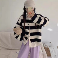 Damen Strickjacke mit Druckknopfverschluss und breiten Streifen WW