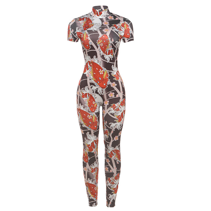 Damen Cat Suit mit Leopardenmuster und hochgeschlossenem Kragen WW