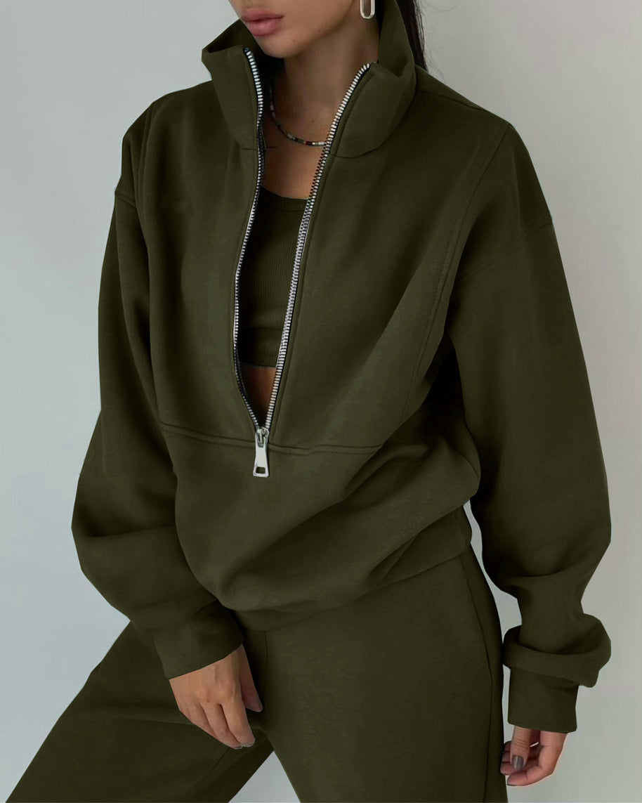 Damen lässiger Oversized-Hoodie und Jogginghose Set mit praktischem Reißverschluss WW