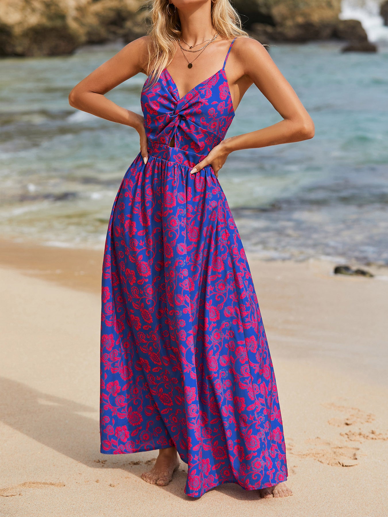 Damen Maxikleid mit raffiniertem Knotendetail und floralen Designelementen WW