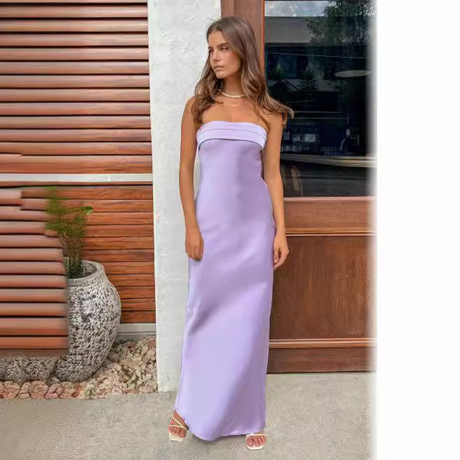 W&W Mode | Sommer Einfarbiges Trägerloses Elastisches Rückfreies Satin Kleid