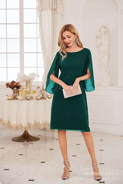 W&W Mode | Shift Kleid Knielang Bateau Ausschnitt Dreiviertel Schlitzärmel Fließend