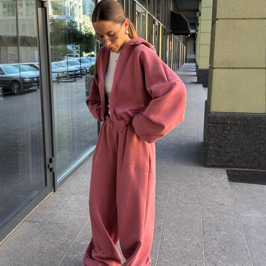 Damen bequemer Fleece-Trainingsanzug mit hohem Kragen und elastischen Bündchen WW