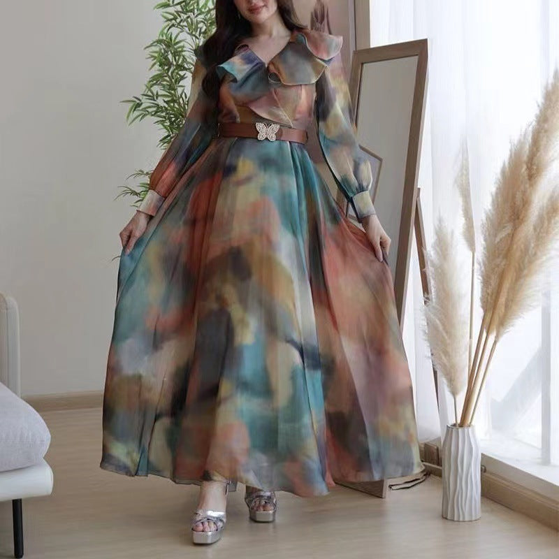 Damen langes Kleid mit elegantem Rüschenkragen und seidigem Print WW