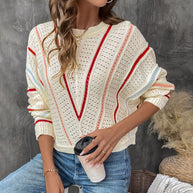 Damen Strickpullover mit modernem Lochmuster und dekorativen Streifen WW