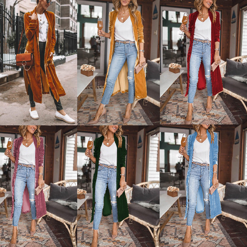 Damen Schicke lange Veloursjacke mit offenem Schnitt WW