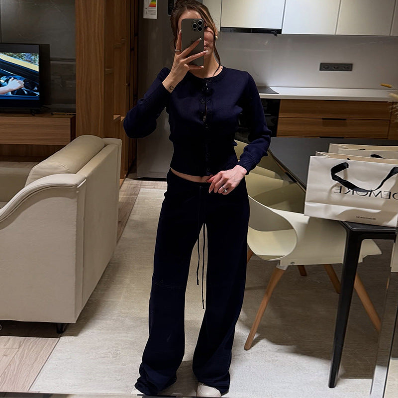 Damen Bequemes Strick-Loungewear-Set mit Knopfleiste WW