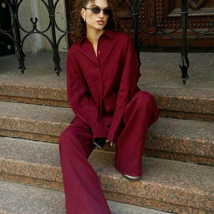 Damen luftiges Leinen-Set mit lässigem Schnitt und breiten Beinen W&W Mode