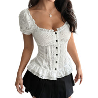 Damen Spitzenbluse mit Rüschendetails und Knopfverschluss WW