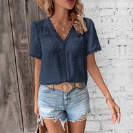 Damen Kurzarmbluse mit Spitzenbesatz und strukturiertem Design WW