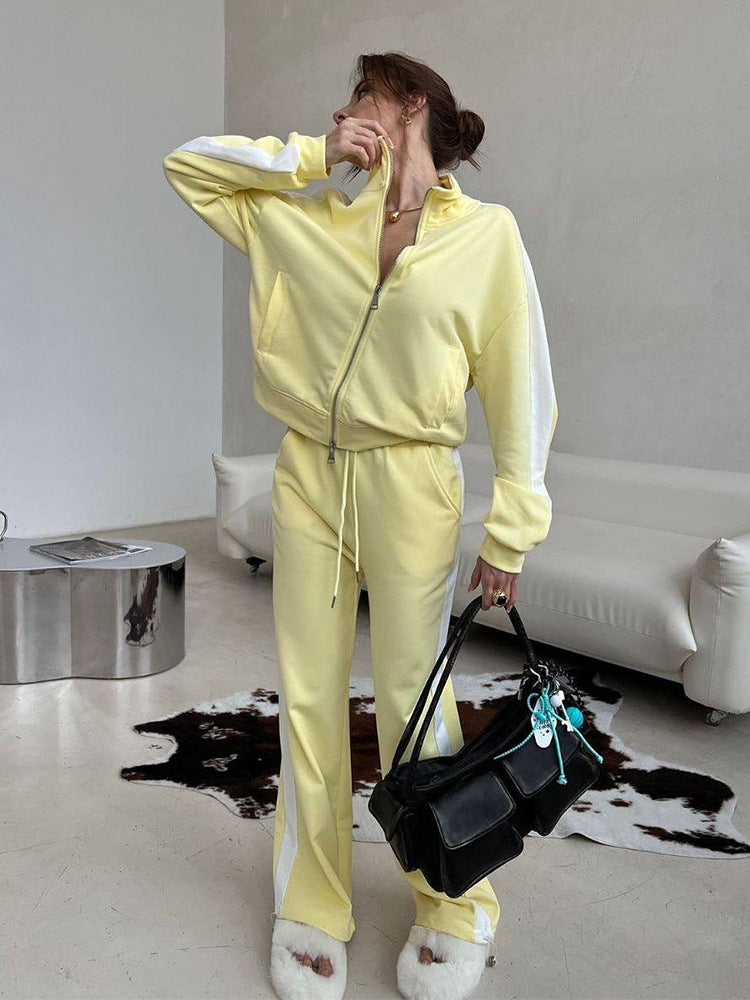 Damen sportliches Fleece-Anzug-Set mit mittellangem Reißverschluss und seitlichen Taschen WW