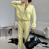 Damen sportliches Fleece-Anzug-Set mit mittellangem Reißverschluss und seitlichen Taschen WW