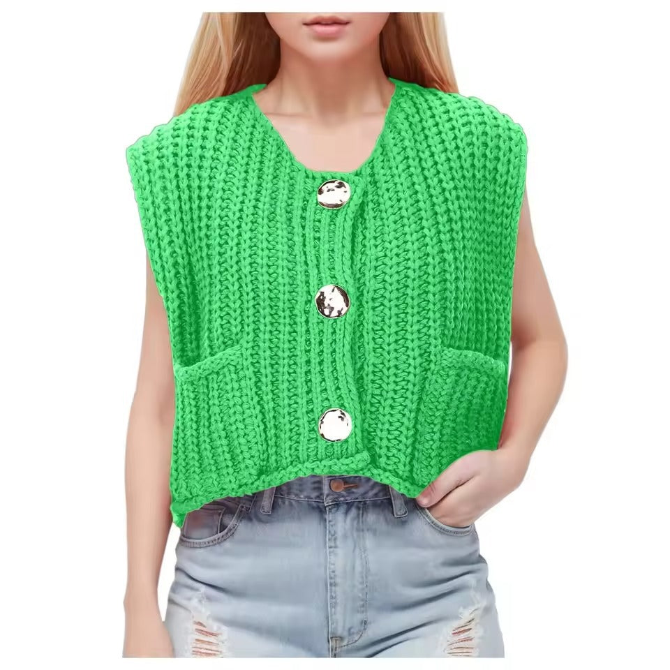 Damen Strickweste mit praktischen Taschen und dekorativen Holzknöpfen WW