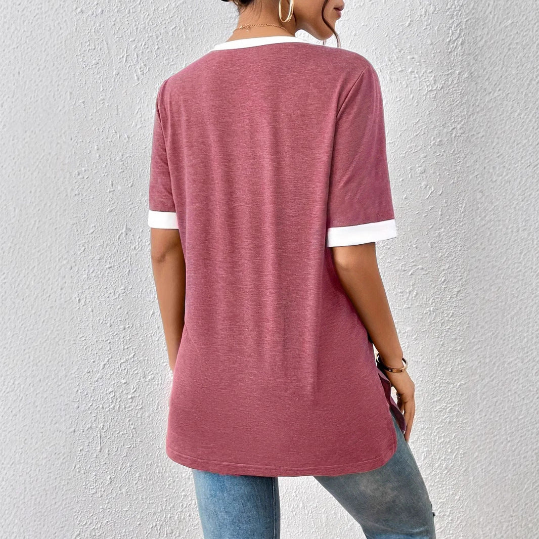 Damen V-Ausschnitt Shirt mit Kontrastärmeln und bequemer Passform WW