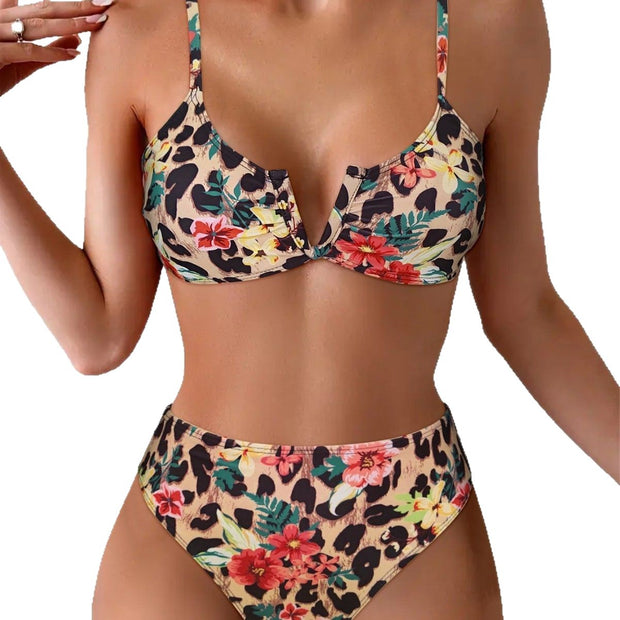 Damen Hochsitzt Bikini mit floralem Muster und leichtem Push-Up Effekt WW