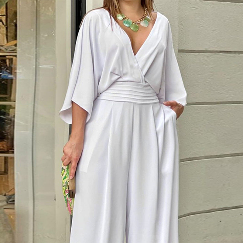 Damen Eleganter Jumpsuit mit weitem Bein und Wickeloberteil WW
