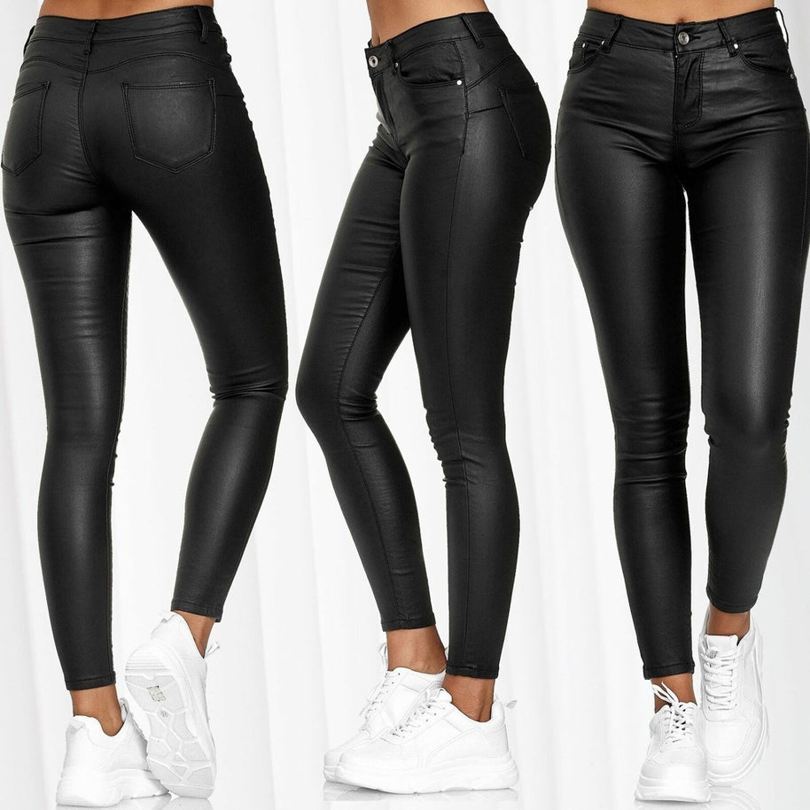 Damen figurbetonte Kunstleder-Hose mit mattem Finish und tiefem Bund WW
