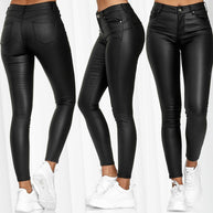 Damen figurbetonte Kunstleder-Hose mit mattem Finish und tiefem Bund WW
