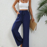 Damen elegante weite Hose aus leichtem Baumwollgemisch mit Gummizug WW