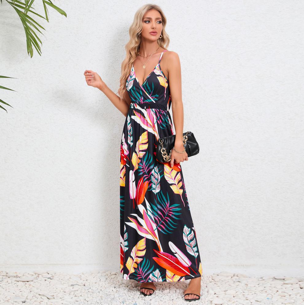Damen Maxikleid mit zartem V-Ausschnitt und buntem Pflanzenmuster WW