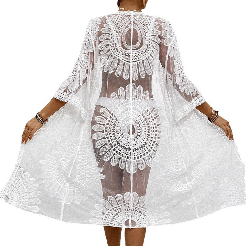 Damen Schicker Häkel-Strandüberwurf mit voluminösen Ärmel und elegantem Design WW