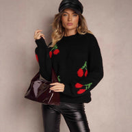 Damen Strickpullover mit fruchtigem Kirschmotiv und lässigem Schnitt WW