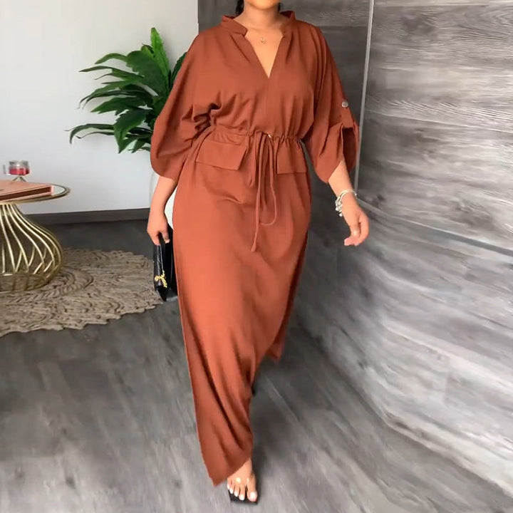 Damen Elegantes Maxikleid mit taillierbarem Gürtel und weit geschnittenen Ärmeln W&W Mode