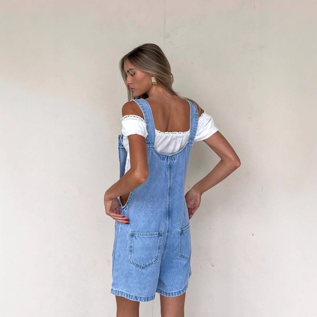 Damen Denim-Latzhose mit praktischen Taschen und knöpfbarem Design W&W Mode