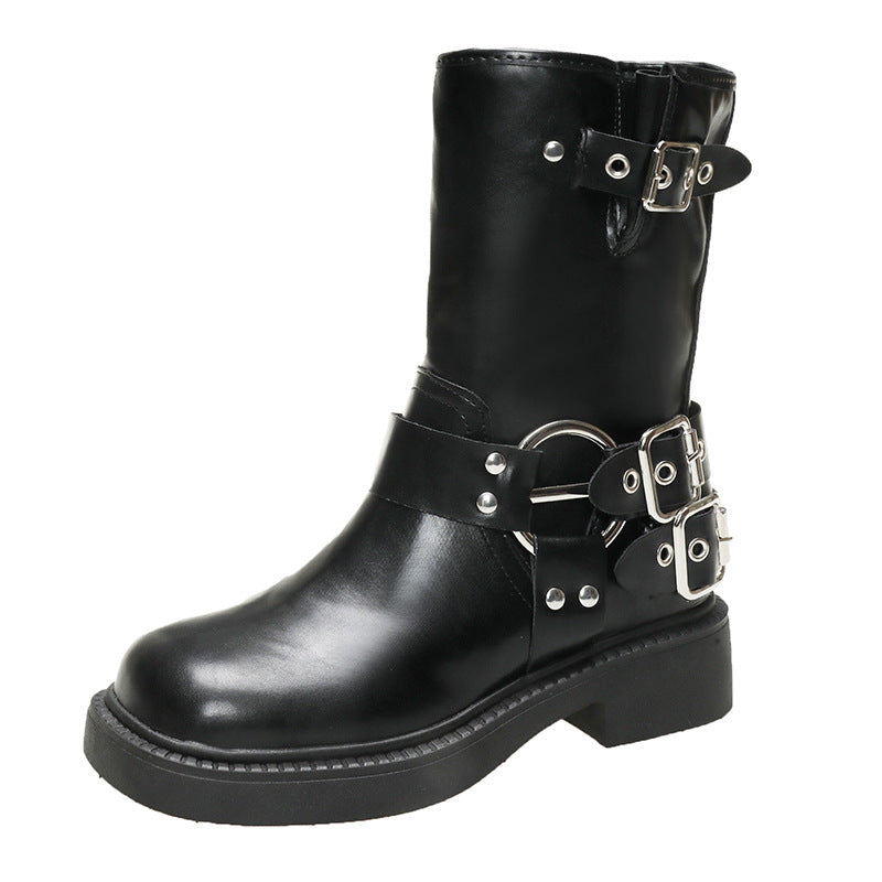 Damen Stiefel mit modischen Schnallen und rutschfester Sohle WW