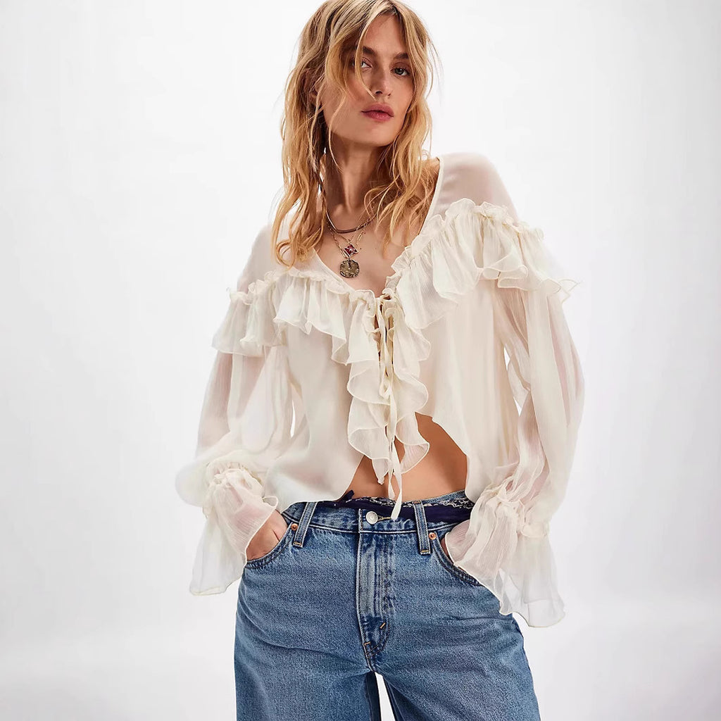 Femme Elegante Volant Bluse mit Krawatten-Detail WW