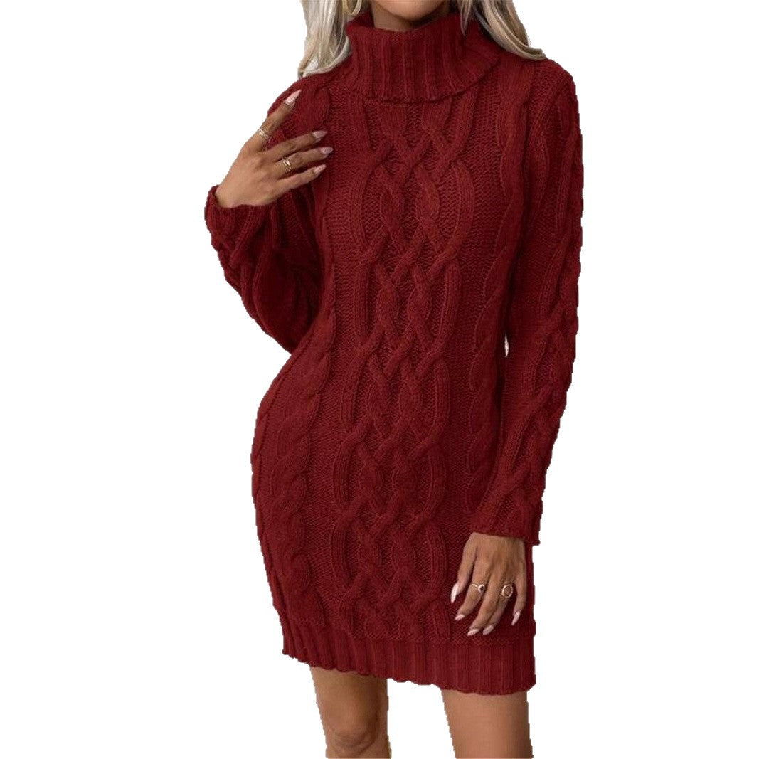 Damen Strickkleid mit hochgeschlossenem Kragen und Zopfmuster WW