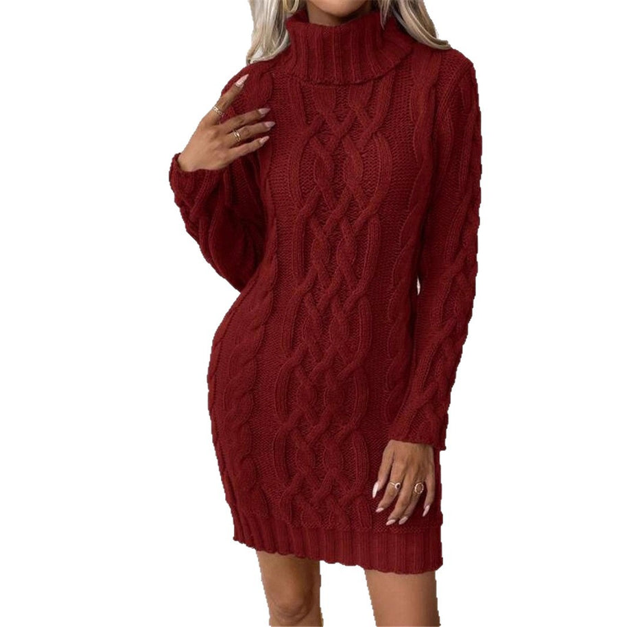 Damen Strickkleid mit hochgeschlossenem Kragen und Zopfmuster WW