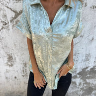 Damen Kurzarm-Seidenbluse mit elegantem Glanz und modischem Revers WW
