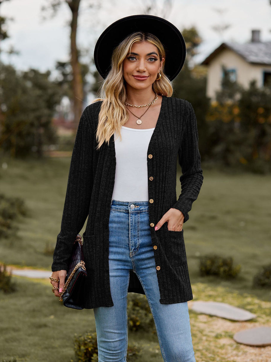 Damen Strickjacke mit elegantem Rippenmuster und praktischen Taschen WW