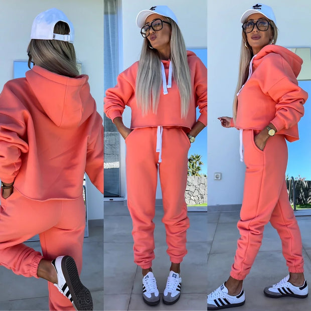 Damen sportliches Cropped Hoodie und Jogginghose-Set WW