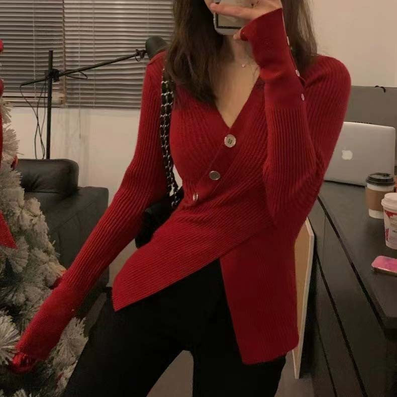 Damen Strickjacke mit asymmetrischem Schnitt und dekorativen Knöpfen WW