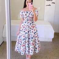 Damen Midi-Kleid mit schulterfreiem Design und verspieltem Schmetterlingsmuster WW