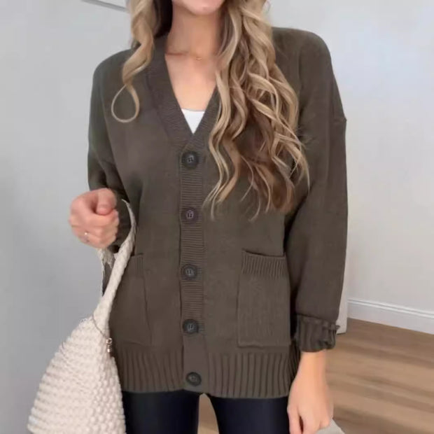 Damen Strickjacke mit Taschen und modernen Knöpfen WW
