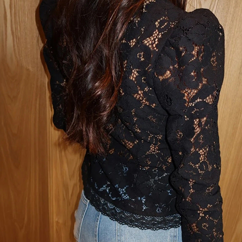 Damen Spitzen-Bluse mit feinen Rüschendetails und transparenten Ärmeln WW