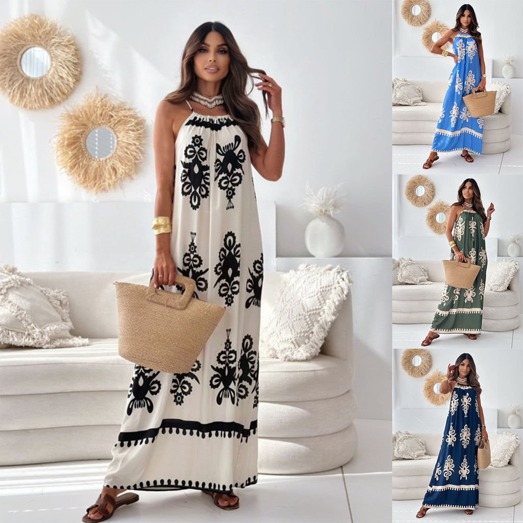 Damen Hals-Würgerei Bohemian Maxi Kleid WW