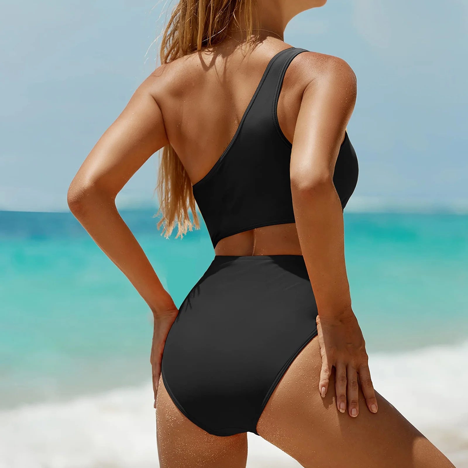 Femme Ein-Schulter Cut-Out Einteiler Badeanzug WW