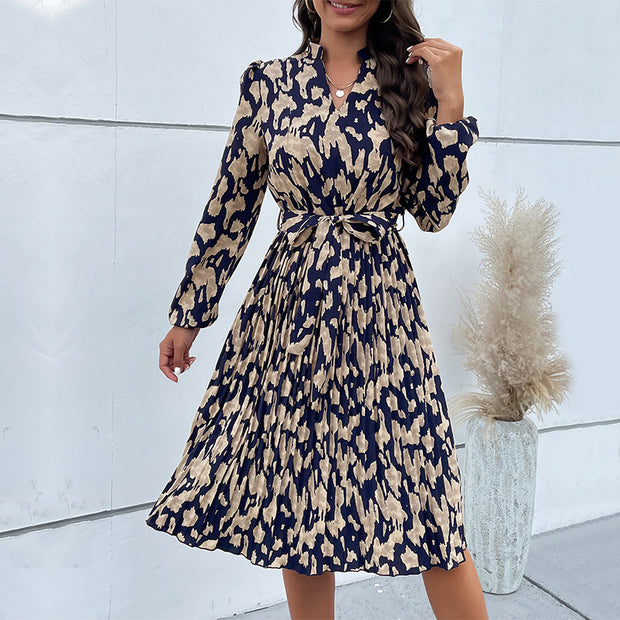 Damen elegantes Maxikleid mit Gürtel und raffiniertem Muster WW