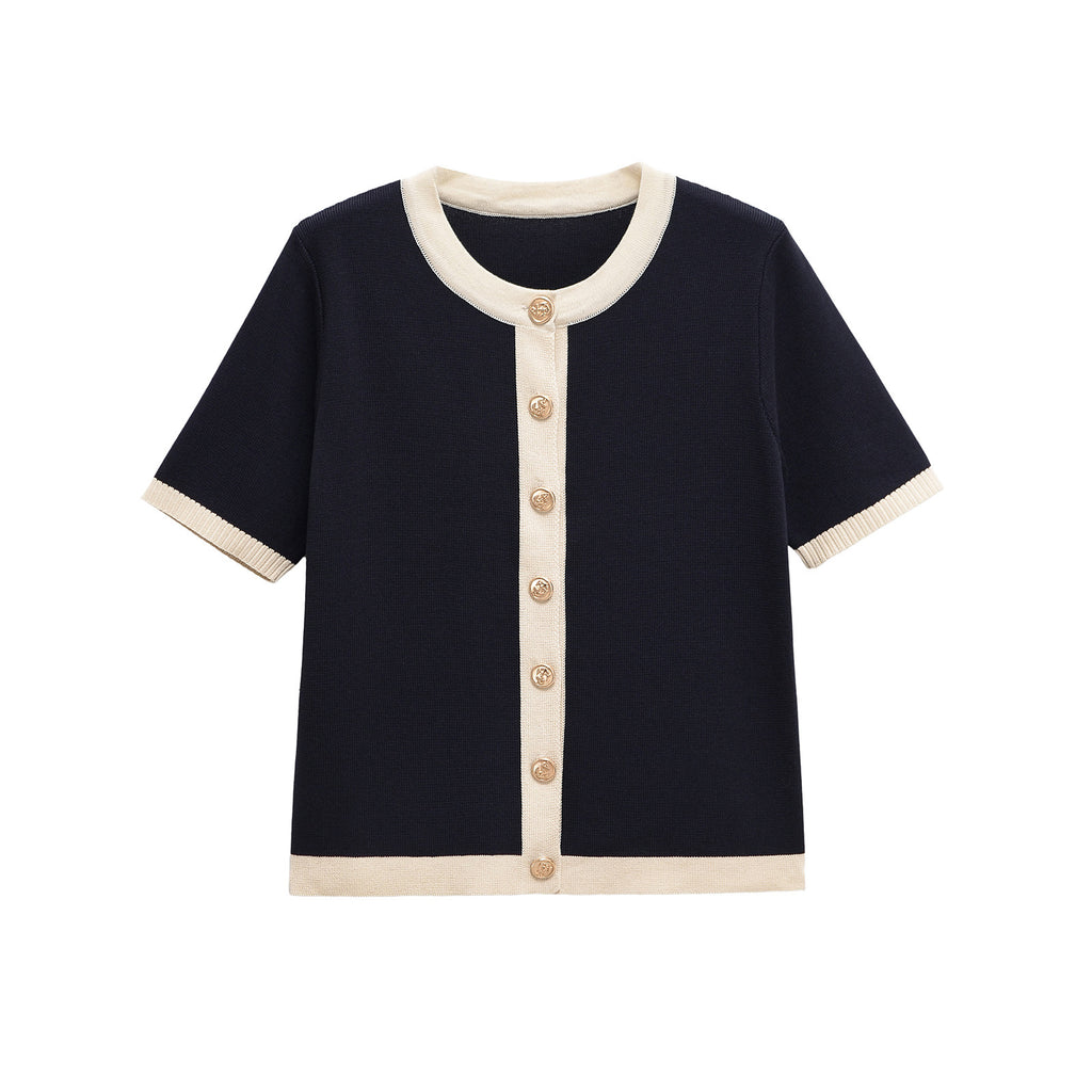 Damen Kurzarm Strickoberteil mit dekorativen Knöpfen und modernem Design WW