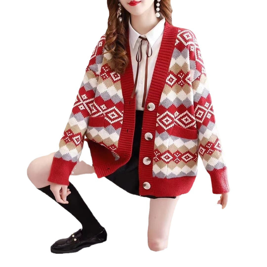 Damen Strickjacke mit stilvollem Rautenmuster und großen Knöpfen WW